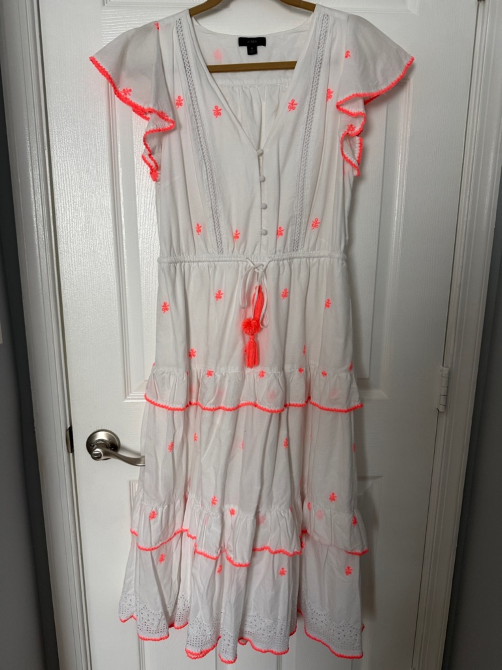 J. Crew White Tiered Dress with Neon Embroidery & Tassels - size 8 - 100% Cotton